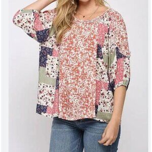 (NWT)  Gigio Coral Floral Print Patchwork Top/Yellow Rose Mercantile size M‎